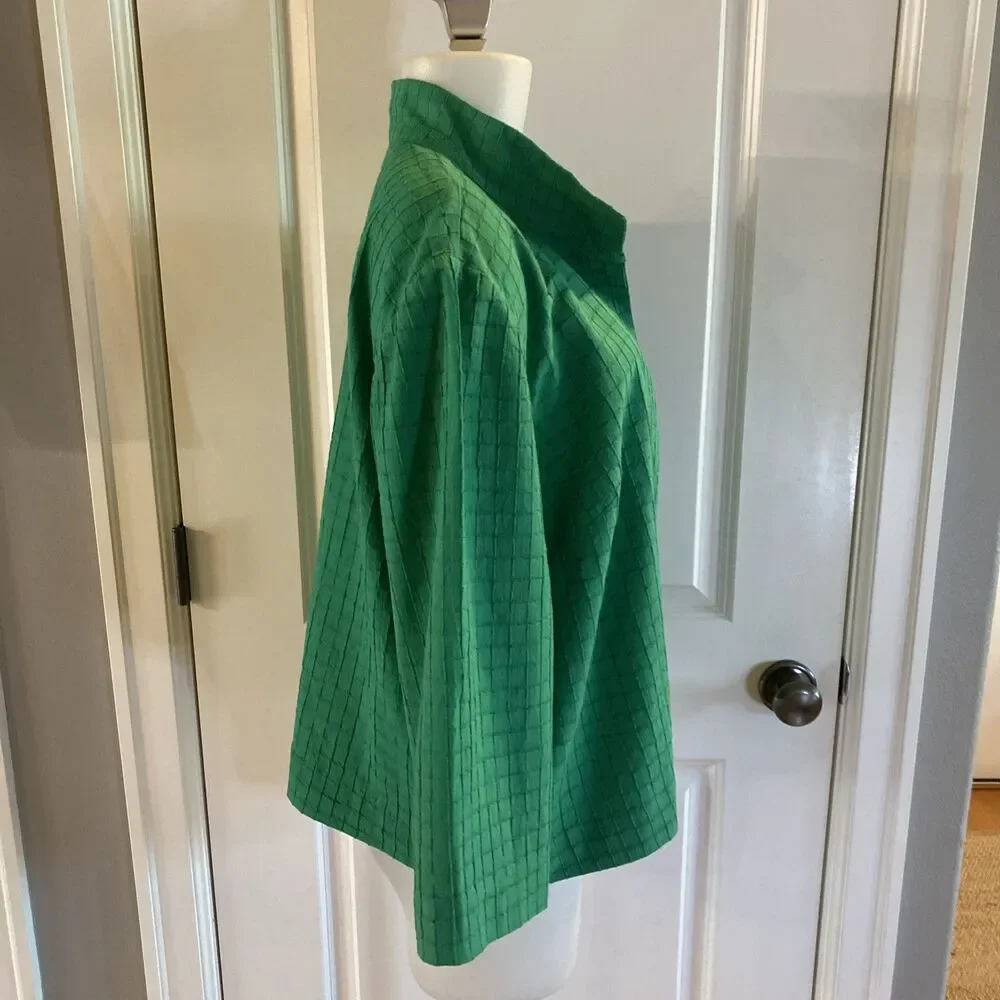 Chicos Kelly Green Cotton Blend Open Front Jacket Size 3 Travelers Collection‎